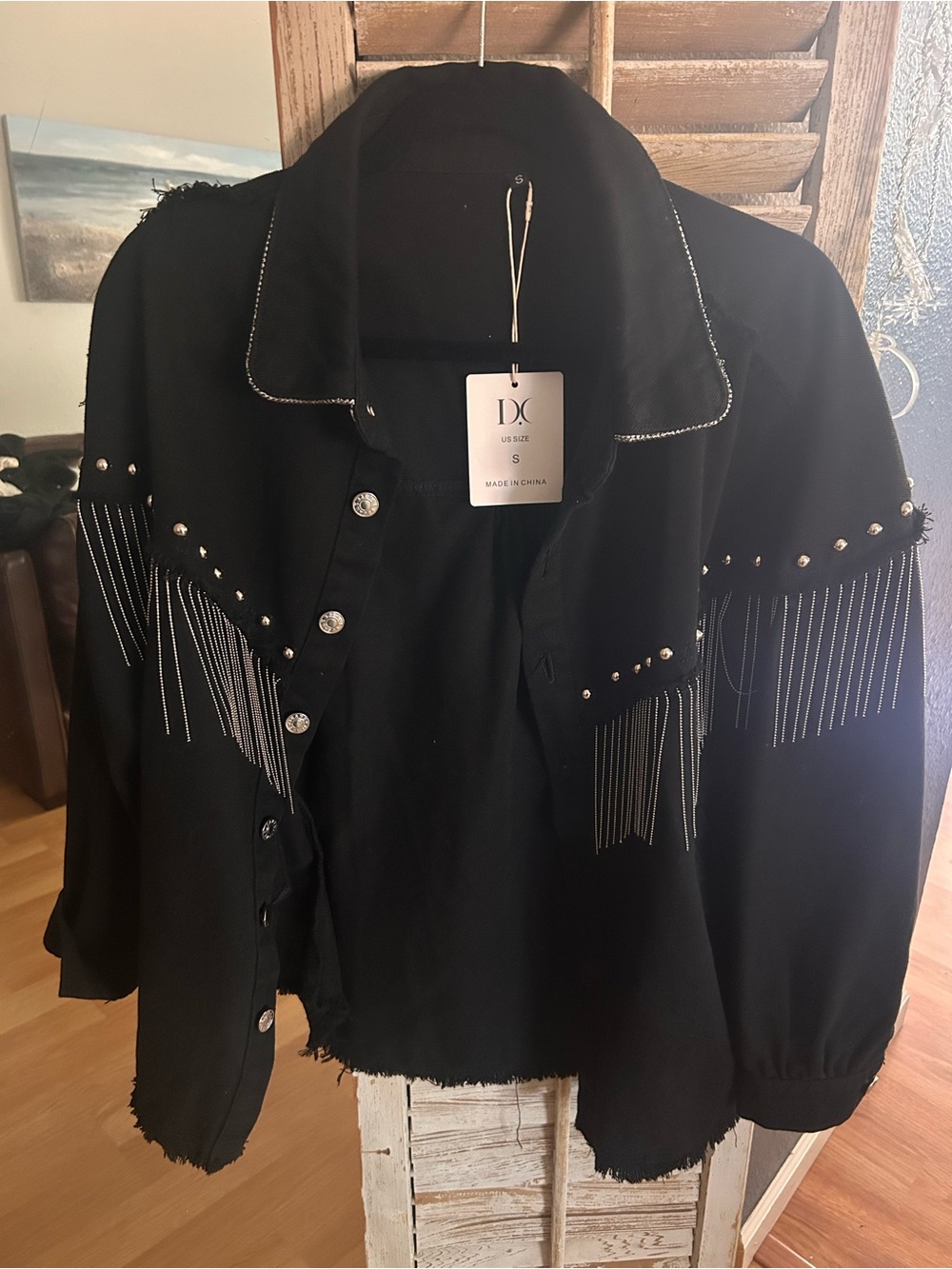 NWT Oversized Fringed Black Denim Jacket with Silver Tassels - Picture 4 of 6